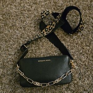 Michael Kors Black Pebbled Leather Crossbody Bag w Gold Chain & Camera Strap